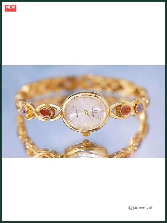 Luxury Vintage Gold Tone Women\'s Bracelet Watch with Jade Crystal Oval Dial main image 5
